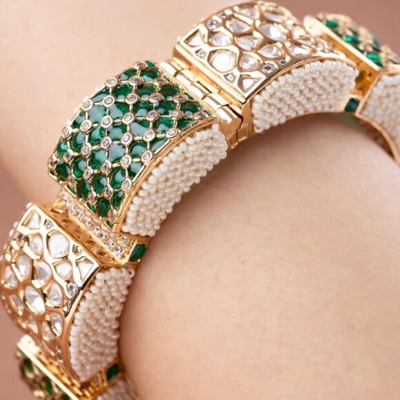 Kundan Polki Kada Bangle | Green Meenakari Indian Wedding Bracelet - Picture 2 of 2
